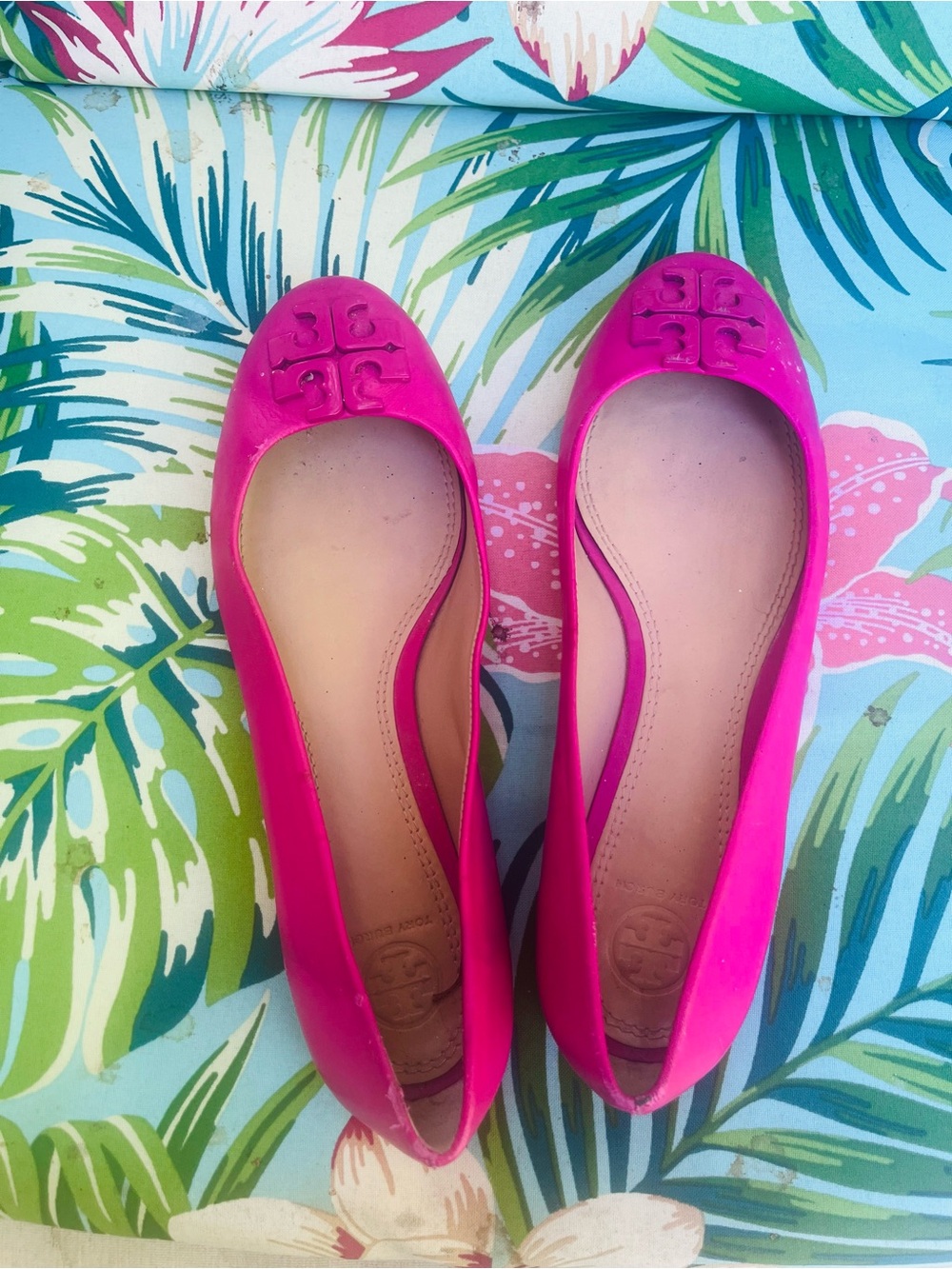 Tory Burch Hot Pink Patent Leather Logo Ballet Flats